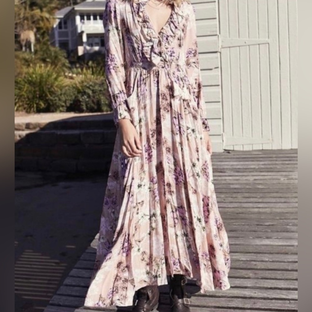 Jaase Anthropologie Pink Floral Ruffle Maxi Dress Size XS